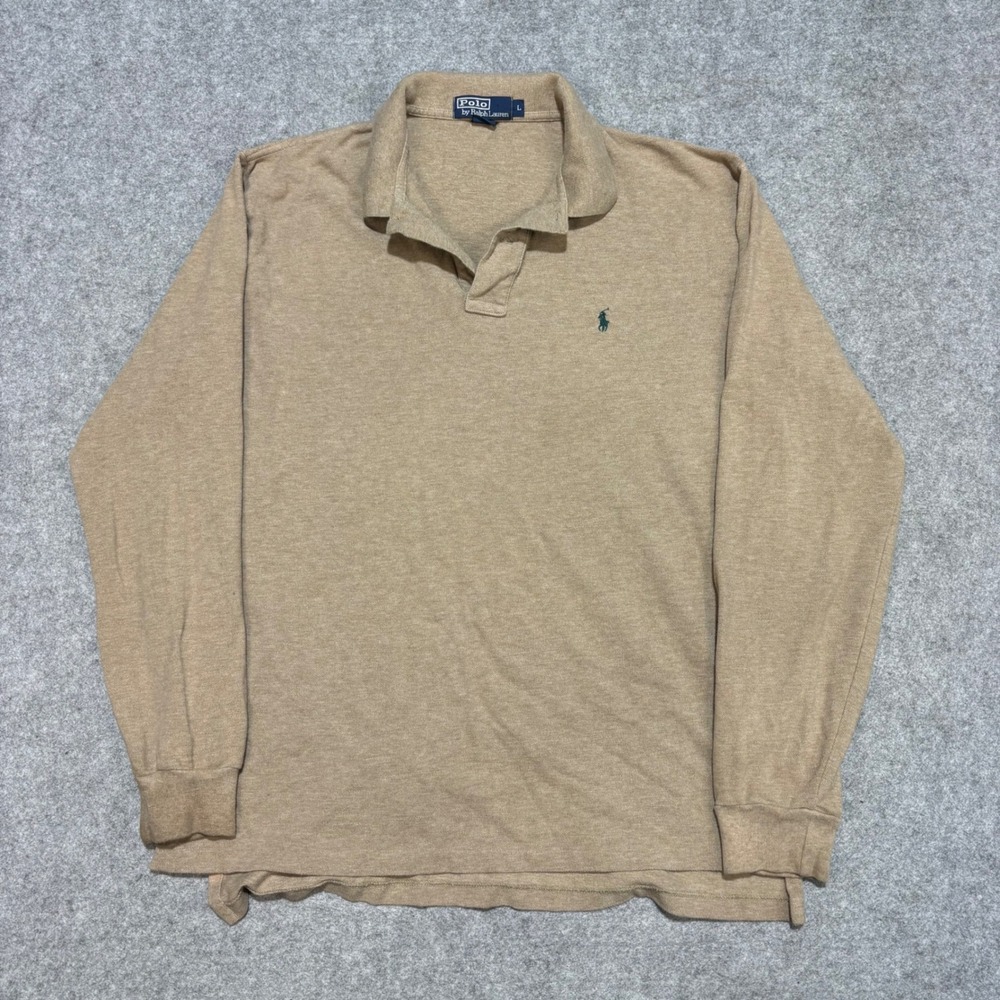 Polo Ralph Lauren Mens Long Sleeve Polo Shirt Tan Khaki Heather Green Pony L
